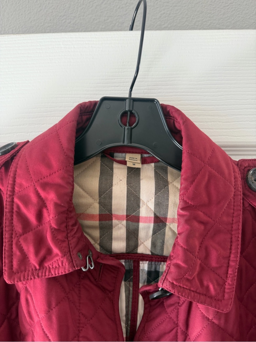 Burberry Quilted Burgundy Red women's Puffer Jacket with Check Trim - Picture 12 of 13